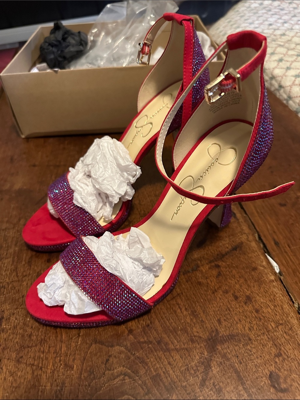 Jessica Simpson Plumpi Wicked Red Sparkle Ankle-Strap Block Heels, Size 8M